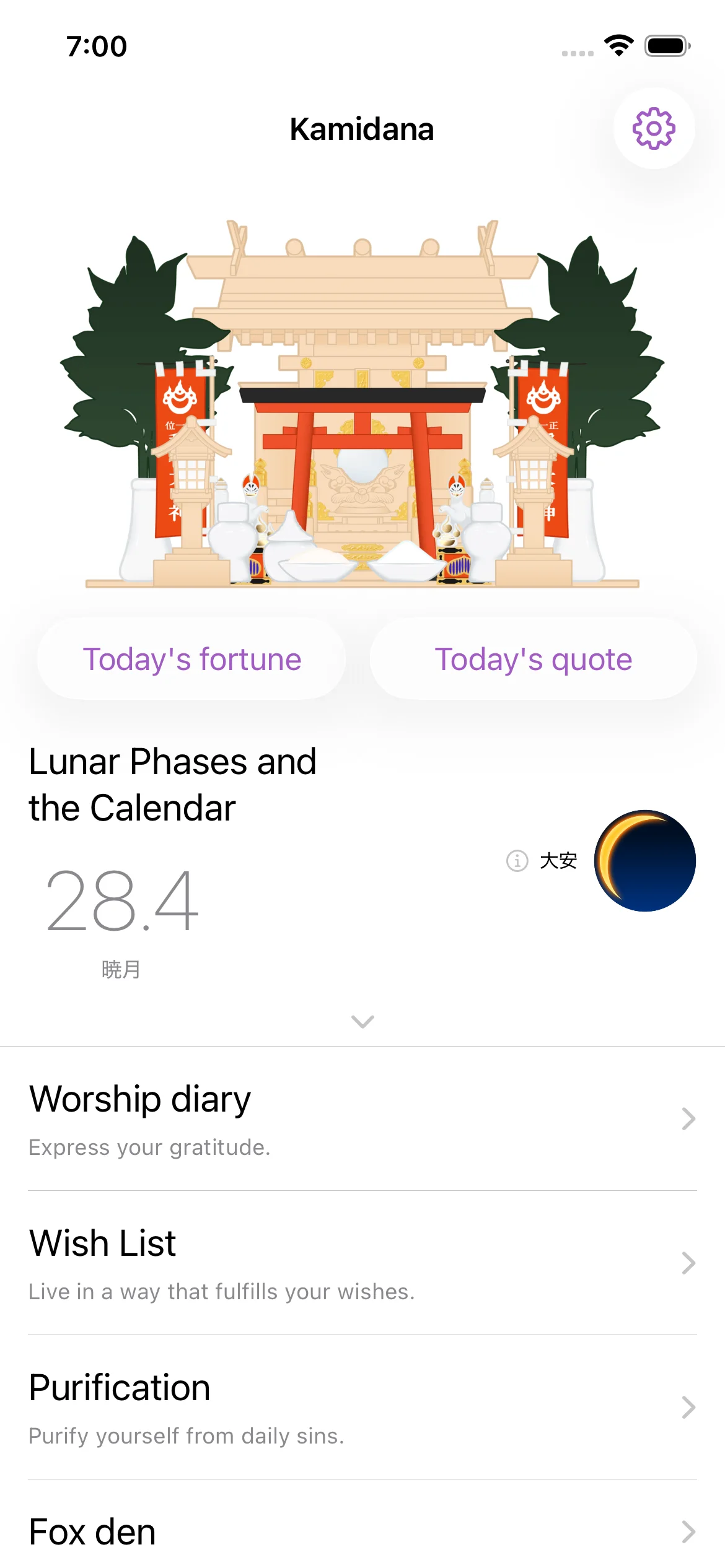 Kamidana home screen with a shrine, daily fortune and lunar calendar